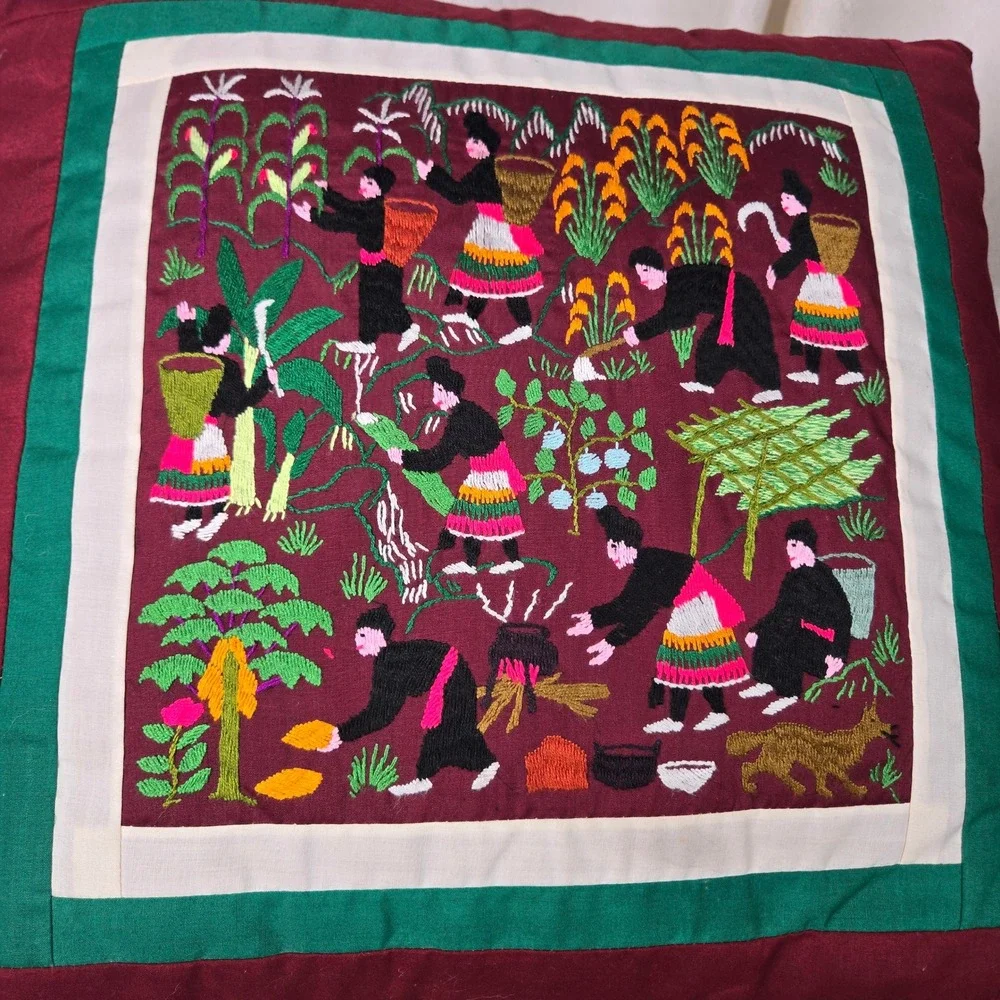 Vtg Hmong Story Cloth Embroidered Throw Pillow Burgundy Square Folk Art 16
